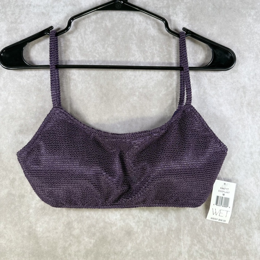 WET Swimwear Women Medium Eggplant Purple Textured Bikini Bralette Scoop Top NWT